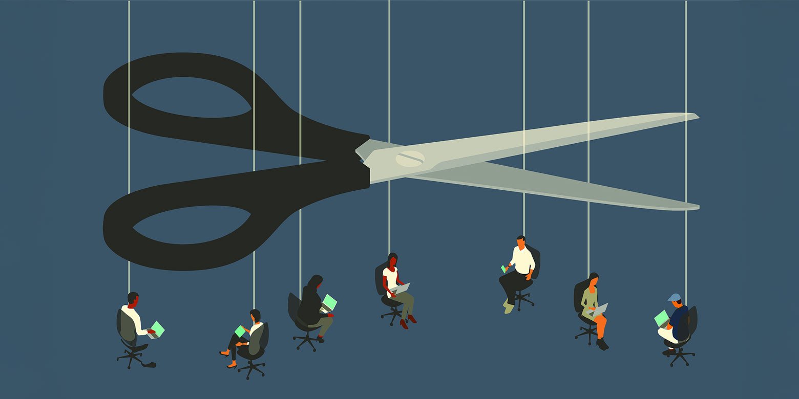 Illustration of worker on strings getting cut with scissors