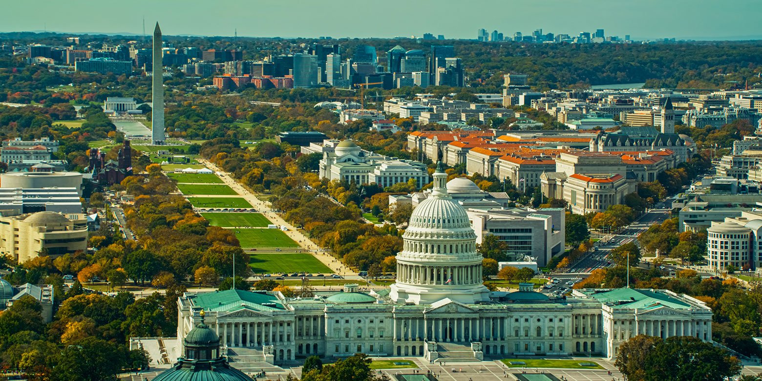 Aerial view of the US Capitol and Washington Monument
