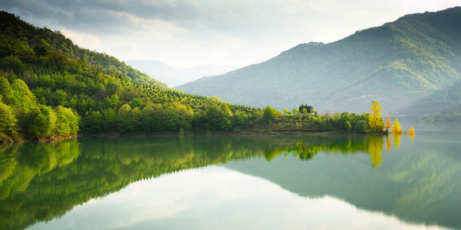 Overlooking lake and mountains